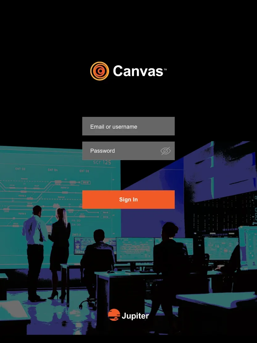 Canvas desktop login and control room interface