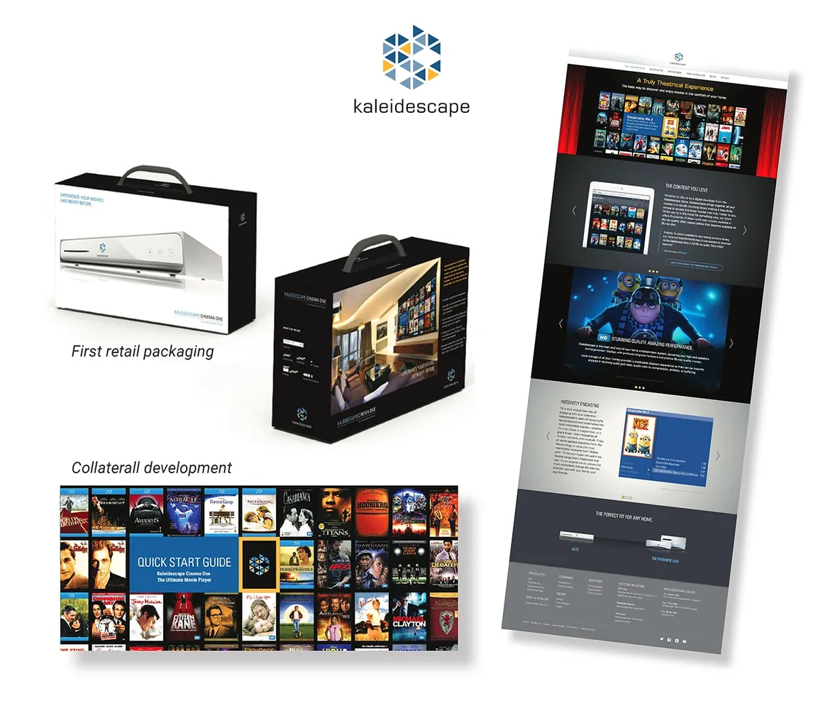 Kaleidescape brand assets including retail packaging, website, and collateral